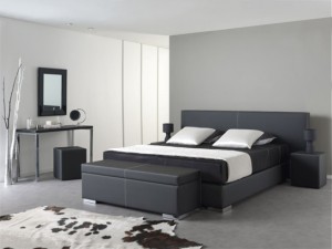 Profine waterbed: Boxster Hoofdbord: Domestic in kunstleder zwart met witte zadelnaden Accessoires: Bedkoffer en Kwadrant nachttafel